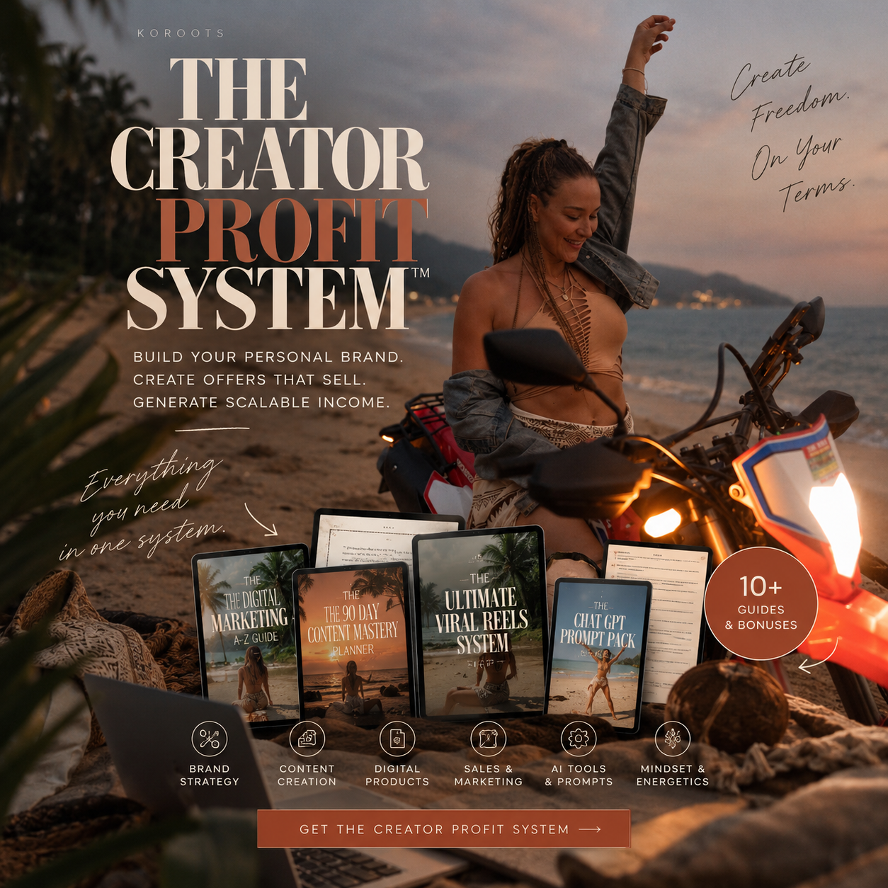 The Creator Profit System — Marije on a dirtbike on the beach at sunset, with the system's guides, bonuses and next steps laid out in front of her.