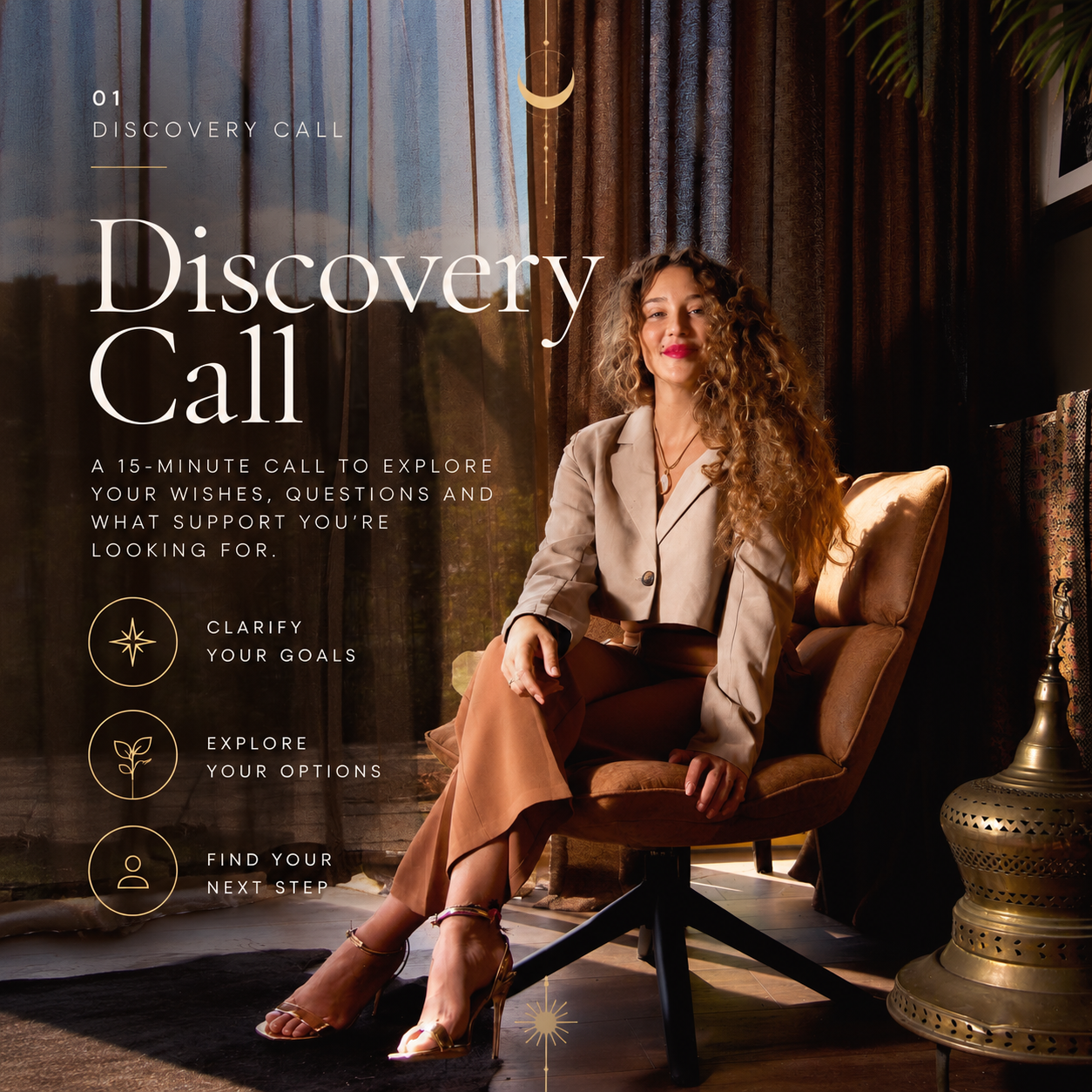 Discovery Call — a 15-minute call to explore your wishes, questions and what support you're looking for: Marije seated in a sunlit chair beside golden curtains and candlelight.